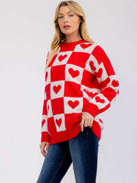 WOMEN'S LONG SLEEVE HEARTS PRINT PULLOVER COLORBLOCK SWEATER