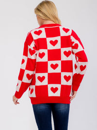 WOMEN'S LONG SLEEVE HEARTS PRINT PULLOVER COLORBLOCK SWEATER