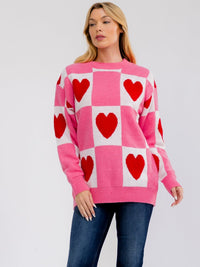 WOMEN'S LONG SLEEVE HEARTS GRAPHIC PULLOVER SWEATER