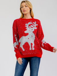 WOMEN'S LONG SLEEVE HOLIDAY PRINT SHIMMER PULLOVER SWEATER