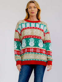 WOMEN'S LONG SLEEVE HOLIDAY PRINT SHIMMER PULLOVER SWEATER