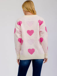 WOMEN'S LONG SLEEVE HEARTS PRINT PULLOVER COLORBLOCK SWEATER