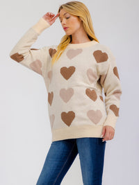 WOMEN'S LONG SLEEVE HEARTS PRINT PULLOVER COLORBLOCK SWEATER
