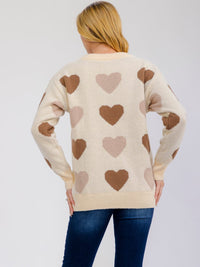 WOMEN'S LONG SLEEVE HEARTS PRINT PULLOVER COLORBLOCK SWEATER
