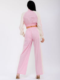 WOMEN'S LONG SLEEVE CROP JACKET & ELASTIC WAIST WIDE LEG PANTS COLORBLOCK 2PC. SET