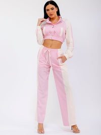WOMEN'S LONG SLEEVE CROP JACKET & ELASTIC WAIST WIDE LEG PANTS COLORBLOCK 2PC. SET