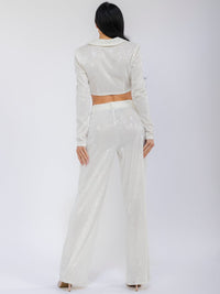 WOMEN'S LONG SLEEVE CROP TOP & BUTTON CLOSURE WIDE LEG PANTS SEQUINS 2PC. SET