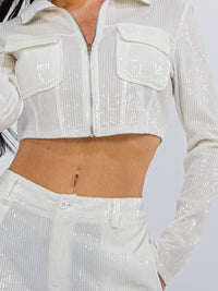 WOMEN'S LONG SLEEVE CROP TOP & BUTTON CLOSURE WIDE LEG PANTS SEQUINS 2PC. SET