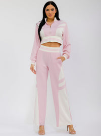 WOMEN'S LONG SLEEVE CROP JACKET & ELASTIC WAIST WIDE LEG PANTS COLORBLOCK 2PC. SET