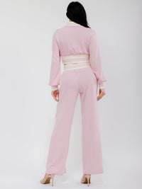 WOMEN'S LONG SLEEVE CROP JACKET & ELASTIC WAIST WIDE LEG PANTS COLORBLOCK 2PC. SET