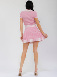 WOMEN'S SHORT SLEEVE TOP & ELASTIC WAIST MINI SKORT COLORBLOCK STRIPES KNIT 2PC. SET
