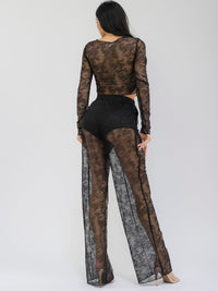 WOMEN'S LONG SLEEVE CROP TOP & ELASTIC WAIST WIDE LEG PANTS MESH LACE 2PC. SET