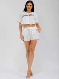 WOMEN'S SHORT SLEEVE CROP TOP & ELASTIC WAIST MINI SHORT GRAPHIC 2PC. SET