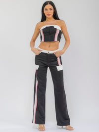 WOMEN'S SLEEVELESS CROP TOP & BUTTON CLOSURE WIDE LEG PANTS COLORBLOCK 2PC. SET