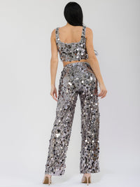 WOMEN'S SLEEVELESS CROP TOP & ELASTIC WAIST WIDE LEG PANTS SEQUINS 2PC. SET