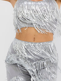 WOMEN'S SLEEVELESS CROP TOP & ZIP UP WIDE LEG PANTS FRINGE SEQUINS 2PC. SET