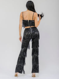 WOMEN'S SLEEVELESS CROP TOP & ZIP UP WIDE LEG PANTS FRINGE SEQUINS 2PC. SET