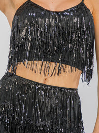 WOMEN'S SLEEVELESS CROP TOP & ZIP UP WIDE LEG PANTS FRINGE SEQUINS 2PC. SET