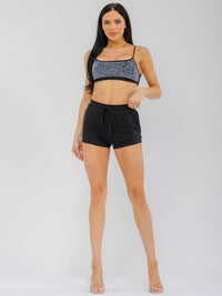 WOMEN'S SLEEVELESS BEALETTE & ELASTIC WAIST MINI SHORT RHINESTONES 2PC. SET
