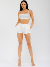 WOMEN'S SLEEVELESS BEALETTE & ELASTIC WAIST MINI SHORT RHINESTONES 2PC. SET