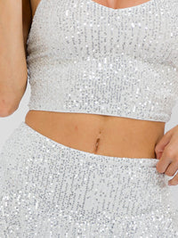 WOMEN'S SLEEVELESS CROP TOP & ZIP UP BUBBLE HEM MINI SKIRT SEQUINS 2PC. SET