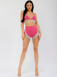 WOMEN'S SLEEVELESS BEALETTE & ELASTIC WAIST MINI SHORT FRINGE STUDS 2PC. SET