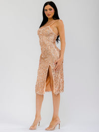 WOMEN'S SLEEVELESS FRONT SLIT BODYCON SEQUINS MIDI DRESS