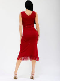 WOMEN'S SLEEVELESS V-NECK BODYCON RHINESTONES MIDI DRESS