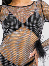 WOMEN'S LONG SLEEVE BODYCON RHINESTONES MESH MINI DRESS