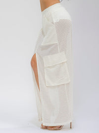 WOMEN'S ELASTIC WAIST CARGO POCKETS FRONT SLIT CROCHET MAXI SKIRT
