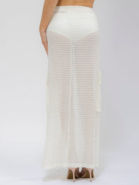 WOMEN'S ELASTIC WAIST CARGO POCKETS FRONT SLIT CROCHET MAXI SKIRT