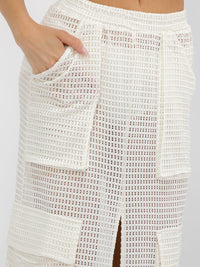 WOMEN'S ELASTIC WAIST CARGO POCKETS FRONT SLIT CROCHET MAXI SKIRT