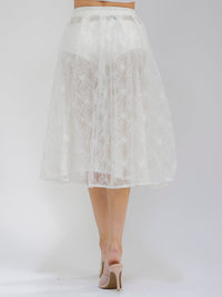 WOMEN'S ELASTIC WAIST FRONT CROCHET LACE FIT & FLARE MIDI SKIRT