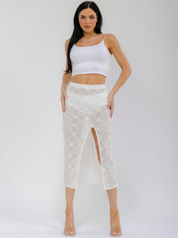 WOMEN'S ELASTIC WAISR FRONT SLIT CROCHET LACE MIDI SKIRT