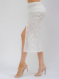 WOMEN'S ELASTIC WAISR FRONT SLIT CROCHET LACE MIDI SKIRT
