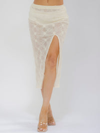 WOMEN'S ELASTIC WAISR FRONT SLIT CROCHET LACE MIDI SKIRT