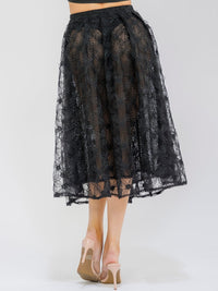WOMEN'S ELASTIC WAIST FRONT CROCHET LACE FIT & FLARE MIDI SKIRT