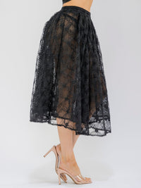 WOMEN'S ELASTIC WAIST FRONT CROCHET LACE FIT & FLARE MIDI SKIRT