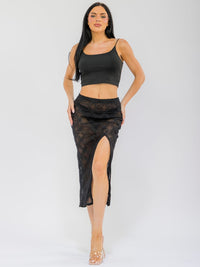 WOMEN'S ELASTIC WAISR FRONT SLIT CROCHET LACE MIDI SKIRT