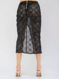 WOMEN'S ELASTIC WAISR FRONT SLIT CROCHET LACE MIDI SKIRT