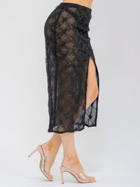 WOMEN'S ELASTIC WAISR FRONT SLIT CROCHET LACE MIDI SKIRT