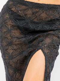 WOMEN'S ELASTIC WAISR FRONT SLIT CROCHET LACE MIDI SKIRT
