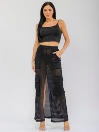 WOMEN'S ELASTIC WAIST CARGO POCKETS FRONT SLIT CROCHET MAXI SKIRT