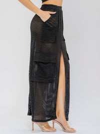 WOMEN'S ELASTIC WAIST CARGO POCKETS FRONT SLIT CROCHET MAXI SKIRT