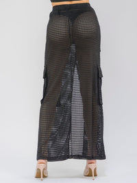 WOMEN'S ELASTIC WAIST CARGO POCKETS FRONT SLIT CROCHET MAXI SKIRT