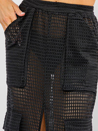 WOMEN'S ELASTIC WAIST CARGO POCKETS FRONT SLIT CROCHET MAXI SKIRT