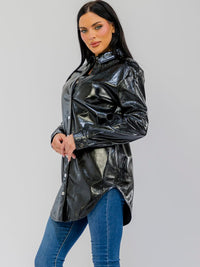 WOMEN'S LONG SLEEVES BUTTON CLOSURE FRONT POCKETS PU PLEATHER JACKET