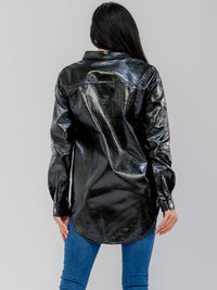 WOMEN'S LONG SLEEVES BUTTON CLOSURE FRONT POCKETS PU PLEATHER JACKET
