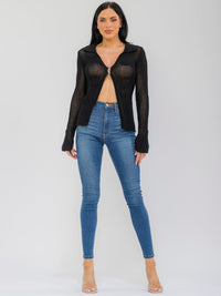 WOMEN'S LONG SLEEVE BUTTON CLOSURE FLOWER CROCHET TOP
