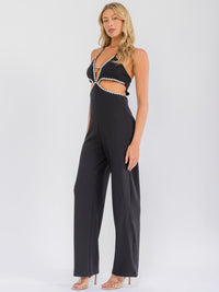WOMEN'S SLEEVELESS CUT OUT OPEN BACK WIDE LEG RHINESTONES JUMPSUIT